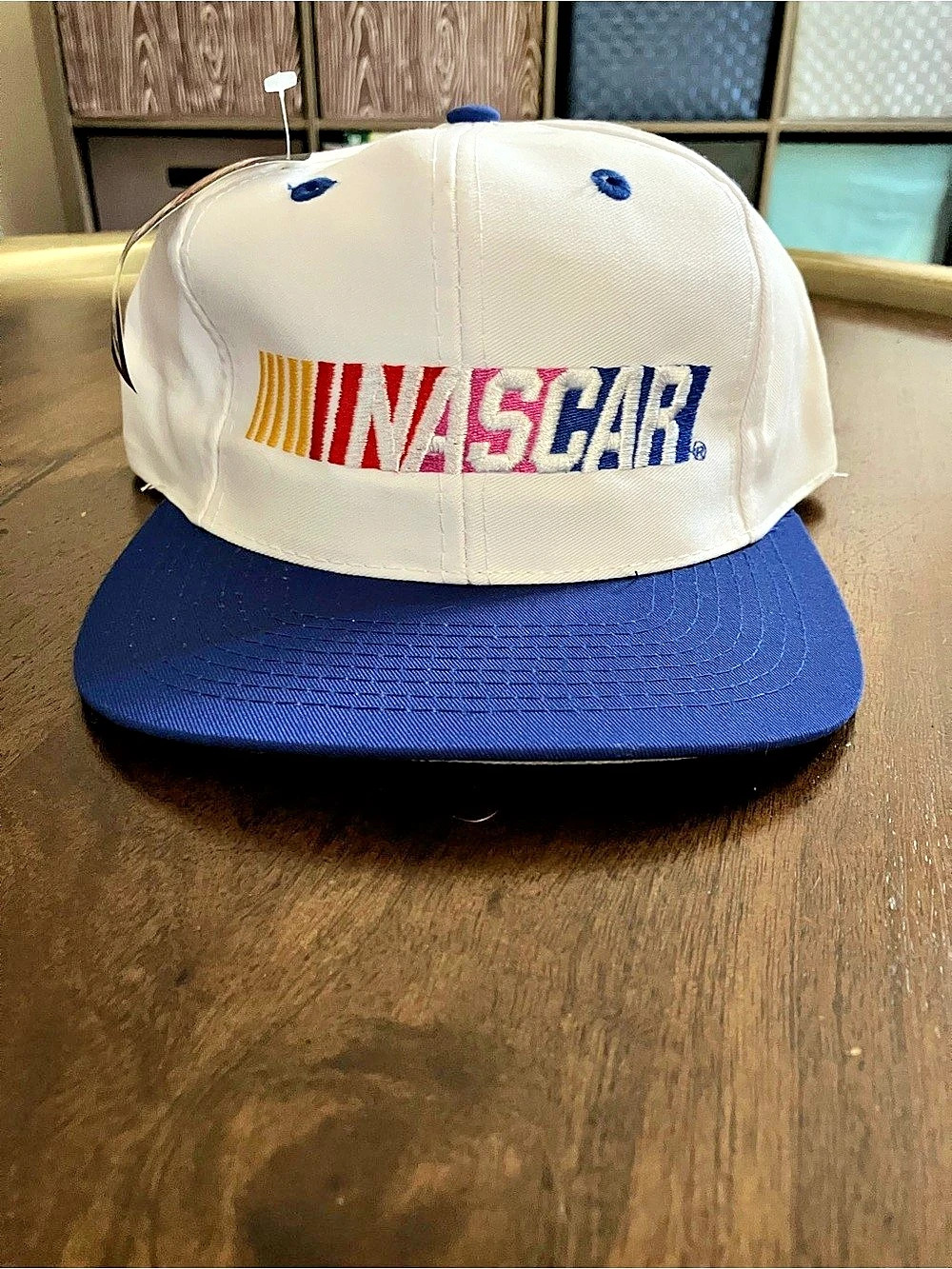 Vintage 80s AJD Snapback Hat NASCAR Cap White with Multi Colored NASCAR Logo NWT